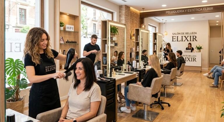 Beauty salon web design — stylist blow-drying a client in a modern salon