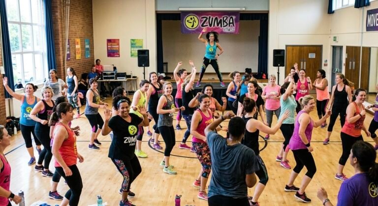 Zumba class web design — instructor leading a full studio fitness class