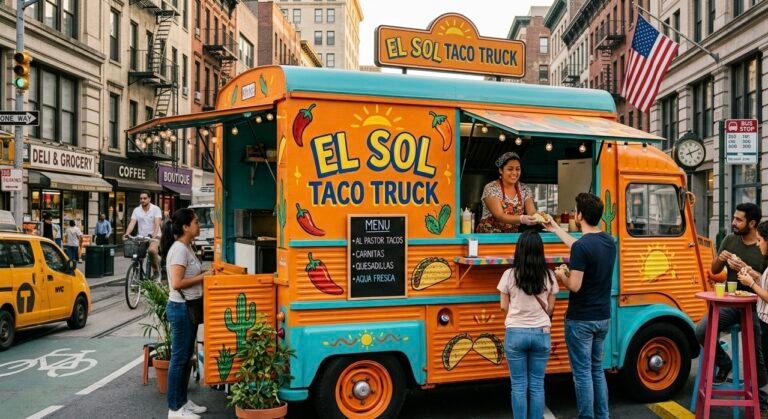 Food truck web design — taco truck with menu board and street queue