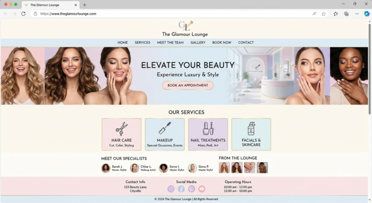 Beauty salon website design example - services, specialists and online appointment booking